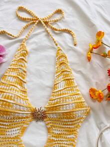 Soleia Women's V-Neck Halter Tie Back Fitted Sweater Dress, Bohemian, Boho, Vacation, Autumn/Winter - Multicolor - View 4