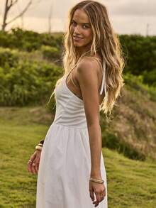 Aralina Women's Scooped Neck Ribbed Halter Neck And Poplin Maxi Dress Summer Dress Beach Dress Casual Long Dresses For Women Everyday Dress - White - View 8