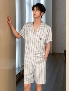 DAZY Summer Striped Multicolor Short Sleeve Shirt Paired With Patterned Embroidered Shorts Men Pajama Set - Multicolor - View 1
