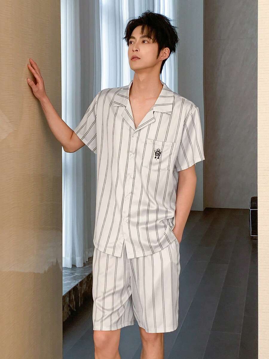 DAZY Summer Striped Multicolor Short Sleeve Shirt Paired With Patterned Embroidered Shorts Men Pajama Set - Multicolor - View 1