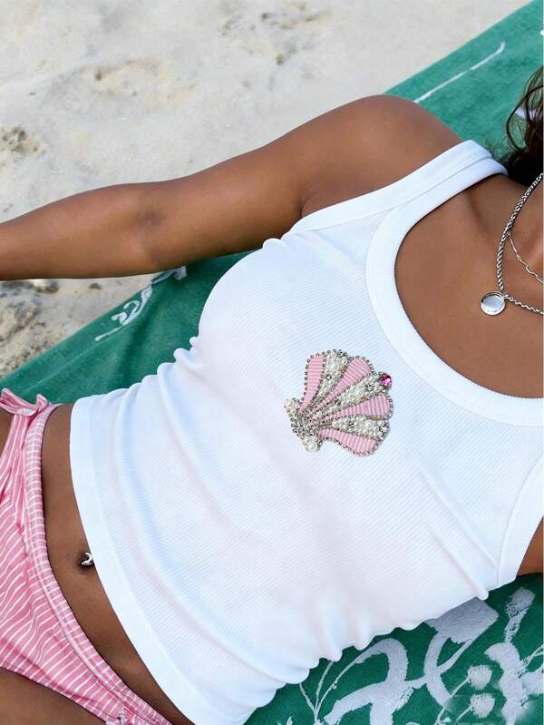 Sundraya 女士休闲度假水钻仿珍珠装饰紧身背心，夏季