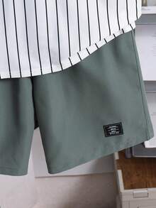 SHEIN 2件套青少年男童休闲条纹图案圆领T恤和短裤套装，适合上学、通勤、日常休闲穿着、运动、春夏穿着 - 彩色 - 查看 7