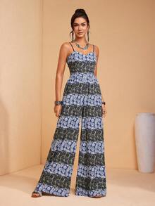 JIAN LASALA All-Over Tropical Print Spaghetti Straps Sleeveless Sweetheart Neckline Women Summer Jumpsuits - Multicolor - View 4