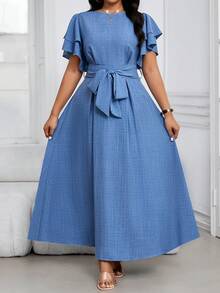 SHEIN Lady Đầm thanh lịch màu trơn tay bèo nhún thắt eo dành cho nữ cỡ lớn - Màu xanh lam - Xem 4