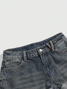 ROMWE Avant 复古低腰女士牛仔短裤，饰有虎头和艺伎刺绣，新款中国风 - 藍色 - 查看 3