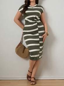 Zelara Striped Waist Knot Hem Slit Fitted Casual Dress - Multicolor - View 4