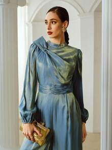 ZEYLAH Mono elegante de mujer con decoración de lazo y mangas de farol - Azul - Ver 5