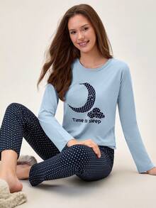 Loomlin 2pcs Cotton Contrast Colour Moon Printed Shirt And Star Printed Sleep Bottom PJ Set - Baby Blue - View 6
