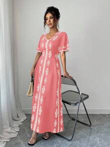 Elenzga Đầm nữ in họa tiết cổ chữ V thanh lịch mới - Hồng - Xem 5