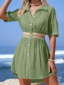 Swim Vcay Women's Vacation Patchwork Wavy Striped Single-Breasted Kimono Cover Up - Army Green - View 1