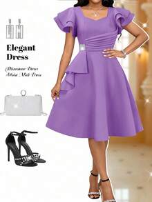 SHEIN Lady 优雅派对水钻荷叶边连衣裙 - 紫色 - 查看 3