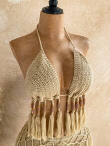 Soleia 两件套波西米亚风吊带露背系带吊带背心和流苏短裤套装，波西米亚风，度假，复古，节日，音乐节 - 杏色 - 查看 5