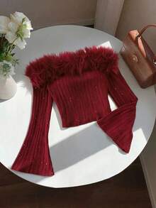 SHEIN Áo thun tay loe hở vai, trang trí bông xù, giản dị, thanh lịch dành cho bé gái tuổi mới lớn - Màu Đỏ Sâu - Xem 3