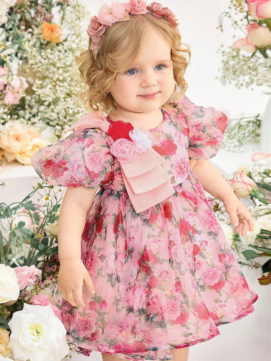 女宝宝优雅可爱碎花薄纱公主裙 - 粉色 - 查看 1