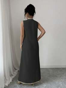 Rafferiza 中东风格女式金色镶边无袖开衩连衣裙 - 黑色 - 查看 2