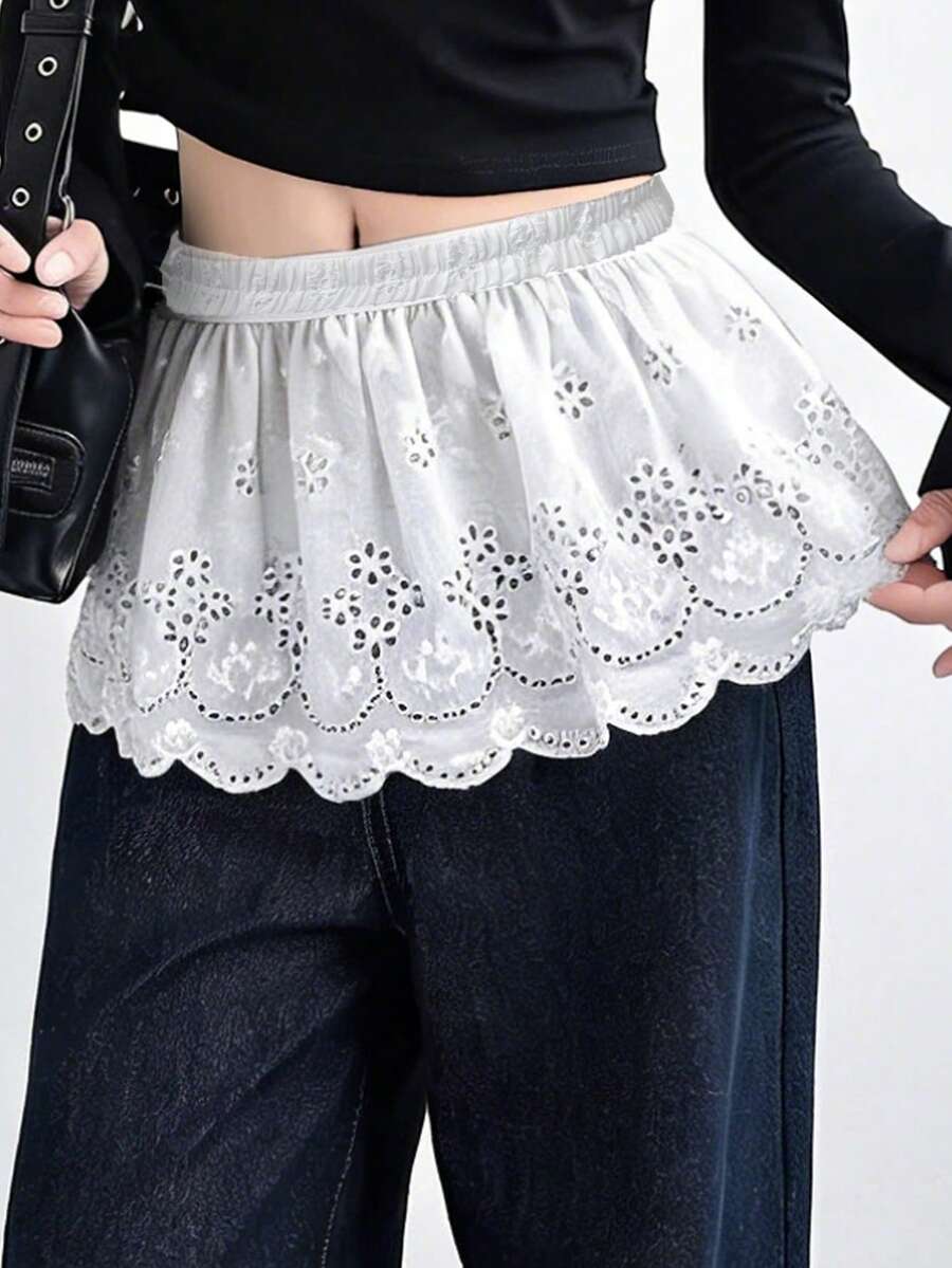 FRIFUL Chân váy xếp lớp thêu rỗng màu trơn dáng thường ngày dành cho nữ, thích hợp cho mùa xuân. - Màu be - Xem 1