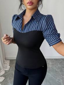 Elenzga Women's Solid Color Striped Patchwork Short Sleeve Shirt - Black - View 4