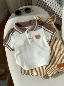 SHEIN Baby Boy Cute Bear Print Short Sleeve Polo Shirt,White Summer Toddler Top Clothes,Vintage Brown Baby Collar Shirt,Back-To-School,Carrer Day,Cute - Khaki - View 6