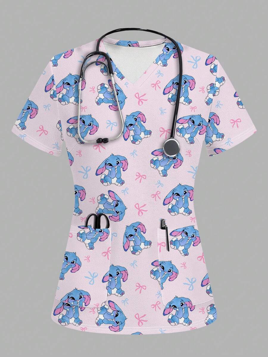 TaskEZ Cute Rabbit Print Women's Scrub Uniform Top - Multicolor - View 1