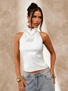 SHEIN BAE 100%纯棉白色露背垂褶领女士吊带背心，性感优雅，适合夏季穿着，可用于工作、办公室、通勤、度假、婚礼宾客以及西部节日等场合。 - 白色 - 查看 4