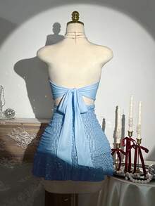 Elamini Women's Solid Color Sequin Ruffle Hem Fashionable Strapless Dress - Blue - View 2