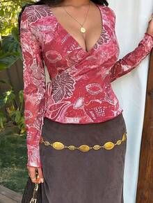 Sunnyshic 女士V领裹身系带腰果花印花度假风长袖T恤 - 酒紅色 - 查看 5