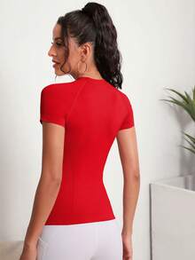 Easithlete Áo thun thể thao hở một bên vai Áo thun tập gym Áo thun bó sát Áo ba lỗ tập luyện - Đỏ - Xem 2