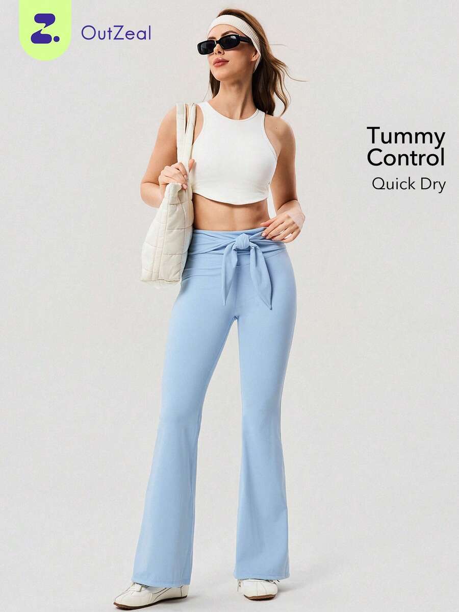 OutZeal Women Sports Leggings Daily Casual Quick-Drying Tummy Control Bow‑Knot Belt Flared Hems - Blue - View 1