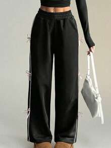 SHEIN Tween Girls Contrast Color Side Bow Baggy Straight Leg Casual Long Pants, Versatile For Daily Wear Fall Winter - Black - View 3