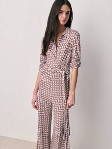 Nöista Printed Jumpsuit Features Long Sleeves, A Classic Shirt Collar With Front Buttons, A Fittedwaist With A Self-Tie Belt, And A Wide-Leg Silhouette For A Flattering. Spring, Summer, Total Look, Women, - Brown - View 5