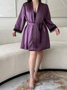 Dazy Plus 2pcs Elegant Contrast Lace Sexy Nightgown & Robe Set, Plus Size Women Sleepwear Pajamas - Purple - View 5