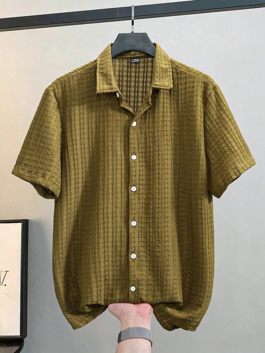 Genlund 男士纯色前开襟纽扣休闲百搭短袖衬衫 男士钩针衬衫 男士纽扣衬衫 夏季男士休闲短袖衬衫 男士针织衬衫 男士棕色衬衫 适合日常休闲、周末旅行、户外活动、探险旅行、轻松的工作环境或半正式场合，可作为男友/丈夫礼物、周年纪念/生日礼物、派对、暑假、新年、婚礼、情人节礼物 - 軍綠色 - 查看 1