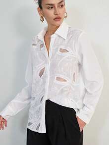 Aveloria Modichic 浪漫法式镂空刺绣宽松领泡泡袖白色复古花卉蕾丝镂空女式衬衫，适合约会、通勤、下午茶等场合。 - 白色 - 查看 6