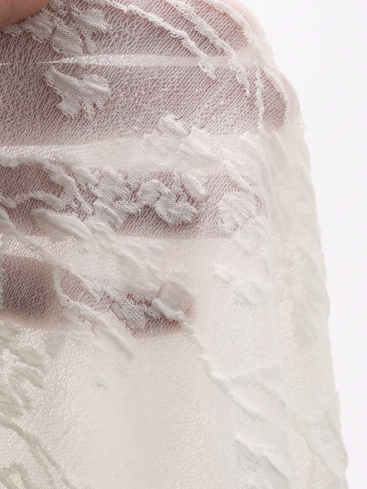 FRIFUL Women's Solid Beige Patchwork Sheer Lace Fabric Flared Sleeve Loose Casual Versatile Blouse - Beige - View 3