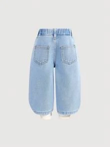 SHEIN Baby GirlCartoon Pony & Rainbow Pattern Blue Denim Loose Pants - Light Wash - View 5