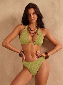 Swim Chiccia Bộ bikini nữ cổ chữ V buộc dây cổ, kiểu dáng ôm sát, thích hợp cho kỳ nghỉ, gồm 2 mảnh, đồ bơi đồng bộ cho nữ, bikini mùa hè có họa tiết, bộ bikini nữ. - màu xanh lá - Xem 4