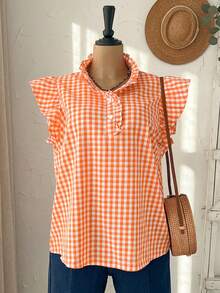 Rusticease Áo kiểu nữ cỡ lớn mùa hè dáng rộng, họa tiết kẻ caro, cổ cao, bèo nhún, tay bồng/ Áo đi nghỉ hè, phong cách đồng quê mùa xuân cho nữ. - trái cam - Xem 4