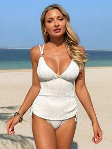 Swim Vcay Top corto con hombros descubiertos y tirantes finos de unicolor con textura de tela y Bottom de bikini de triángulo de talle alto - Blanco - Ver 6