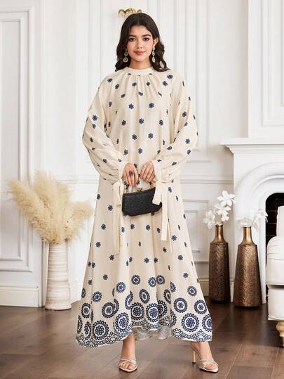 Yasmyna Women's Floral Print Raglan Sleeve Loose Arabic Style Dress