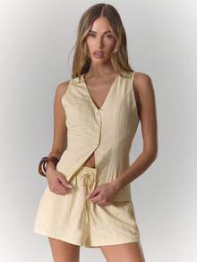 MUSERA 亚麻条纹细节纽扣背心上衣和短裤套装，适合约会之夜、春夏优雅婚礼宾客度假假日场合外出穿着 - 米色 - 查看 1