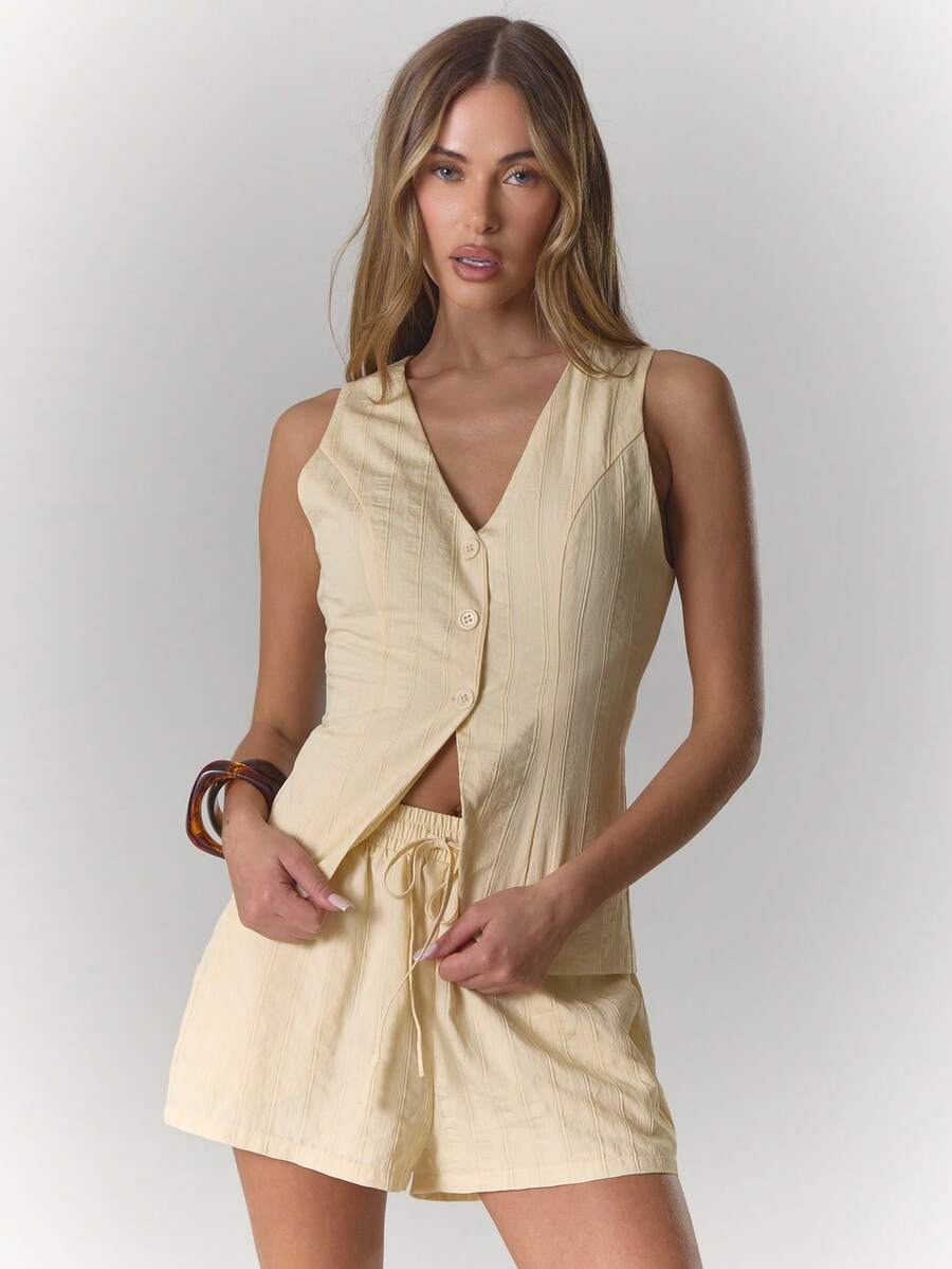 MUSERA 亚麻条纹细节纽扣背心上衣和短裤套装，适合约会之夜、春夏优雅婚礼宾客度假假日场合外出穿着 - 米色 - 查看 1