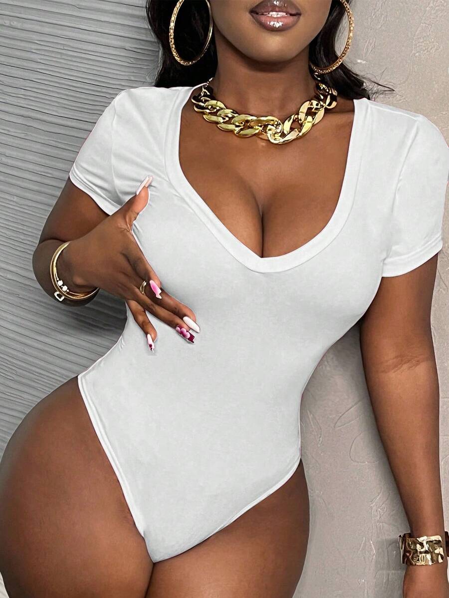 Slaydiva 深V領灰色短袖連體衣 - C款 - 白色 - 查看 1