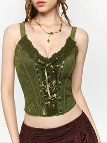 ROMWE Fairycore Áo camisole ngắn ôm sát lấy cảm hứng từ thiên nhiên dành cho nữ mùa hè, phối ren tương phản. - màu xanh lá - Xem 8