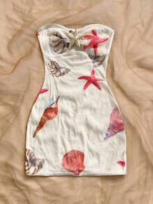 Vestido corto ajustado de mujer para vacaciones, de punto blanco con textura, sin tirantes, escote en pico, fruncido, decoración de estrella de mar metálica, para fiesta sexy, cita, playa, vacaciones de verano - Multicolor - Ver 5