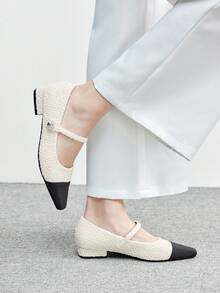 CUCCOO BIZCHIC 女士新款灰色法式低跟尖头简约时尚针织玛丽珍鞋，圣诞节必备 - 米黑色 - View 3