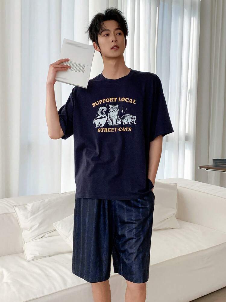 Men's Letter Print Multicolor T-Shirt And Shorts Pajama Set, Summer