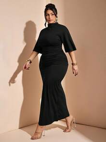 SHEIN BAE Đầm ngắn tay đơn sắc tối giản, cỡ lớn, thích hợp mặc hàng ngày. - màu đen - Xem 5