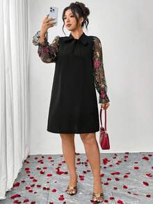 Elenzga Vestido maxi de mujer talla grande con bloque de color de malla floral, cuello en V con lazo, puños con volantes, decoración con cuentas, adecuado para uso diario, Día de San Valentín, fiesta, vestimenta de noche, otoño/invierno - Negro - Ver 5