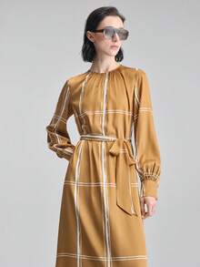 Ontre 2026SS New Striped Print Belted Dress, Fashionable Versatile For Spring/Summer - Brown - View 8