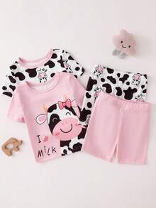 SHEIN Conjunto de 4 piezas de ropa interior para bebé niña con estampado de vaca de dibujos animados, top de manga corta y pantalones cortos - Multicolor - Ver 7